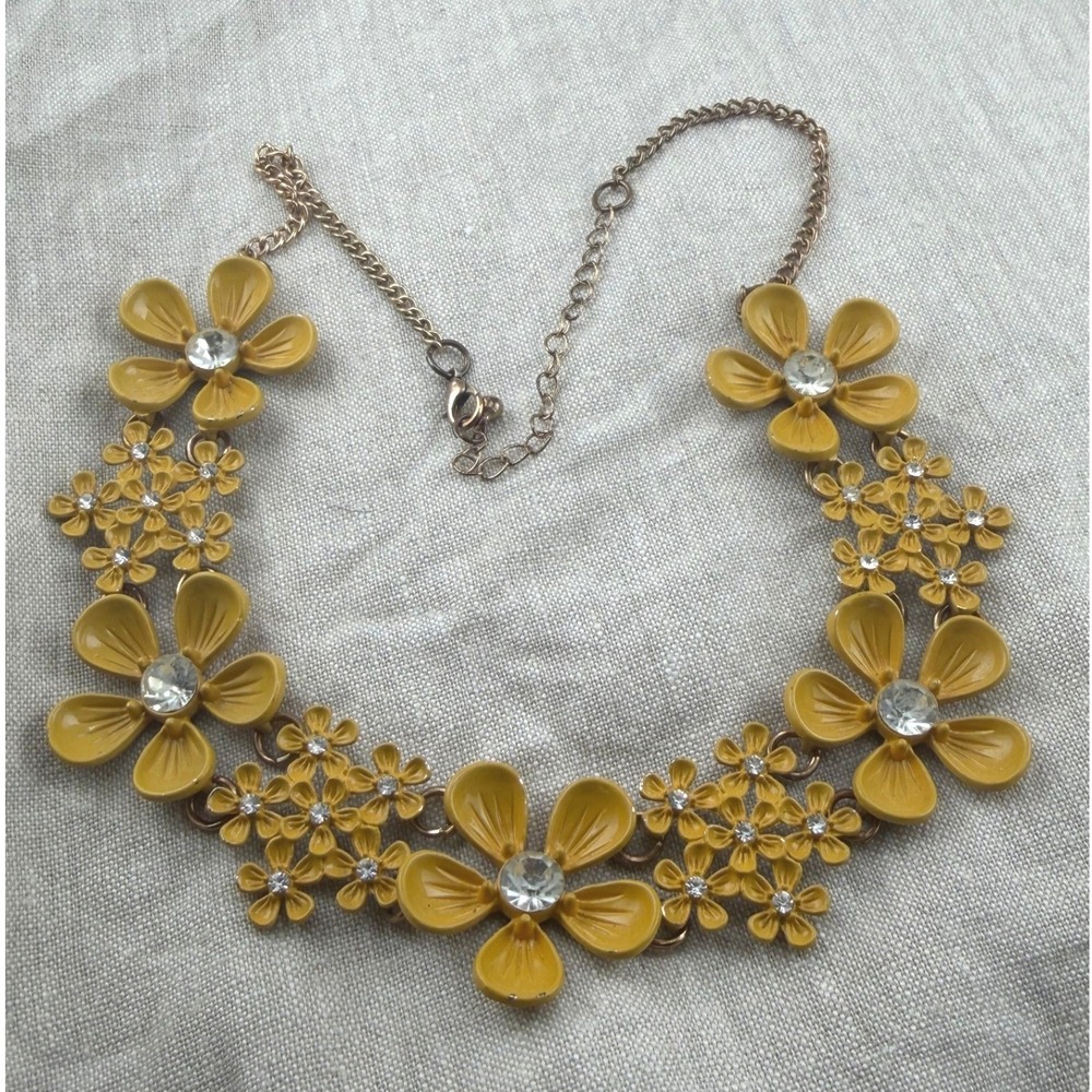 Vintage Yellow Floral Statement Necklace Gold Tone Flower Bib